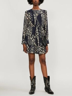 ba&sh Navy Floral Georgette Tiered Long Sleeve Ophe Dress Sz. L